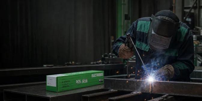 Soldador trabajando junto a una caja de electrodos Solnor