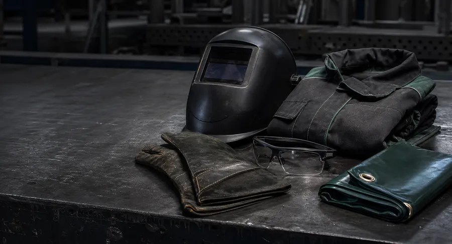 Equipos de protección para soldadura sobre una mesa de taller